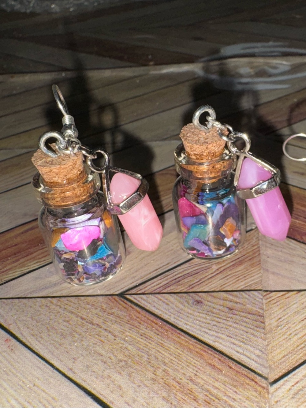 Handmade Mini Cork Bottle Earrings with Pink Crystals and Green Glitter